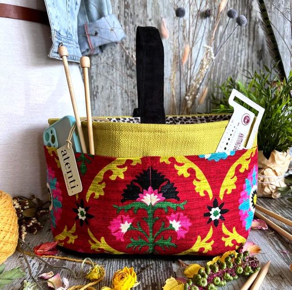 ATENTI Handmade Bags "CALYPSO" Bright Red/Green Floral, 8-Pocket Short Bucket Organizer, Needle Arts/Knitting Bag, Diaper Bag, USA Made