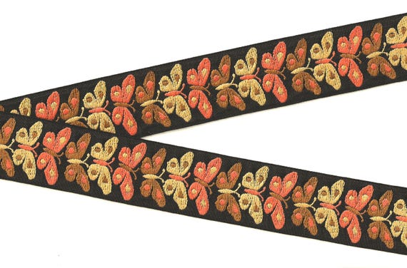 INSECTS G-06-C Jacquard Ribbon Cotton Trim 1-5/16" Wide (35mm) VINTAGE Black Linen Background w/Orange, Beige & Brown Retro Butterflies