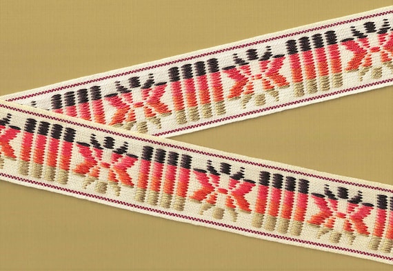 GEOMETRIC K-26-B Jacquard Ribbon Cotton/Rayon Trim, 2" Wide (50mm) VINTAGE Lt Beige w/Brown, Coral, Orange & Tan Snowflake Design, Per Yard