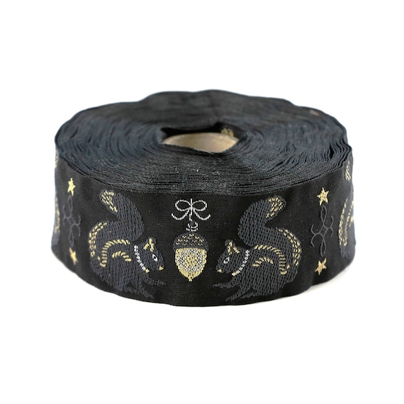 KAFKA G-10/02 Jacquard Ribbon Woven Organic Cotton Trim 1-1/4" wide (32mm) Black Background with Gray Squirrels & Beige Acorns