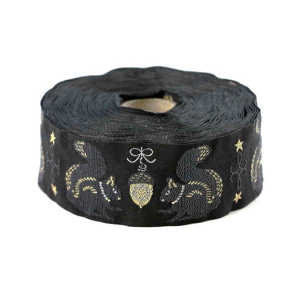 KAFKA G-10/02 Jacquard Ribbon Woven Organic Cotton Trim 1-1/4" wide (32mm) Black Background with Gray Squirrels & Beige Acorns