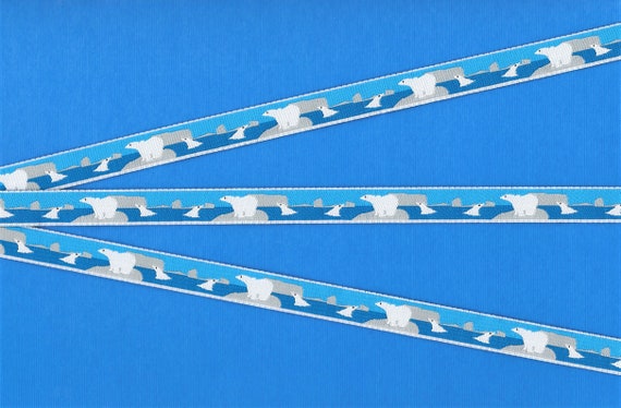 RDS B-20-A Jacquard Ribbon Polyester Trim, 1/2" Wide (13mm) Blue Background White Polar Bears Swimming, Length Options Available