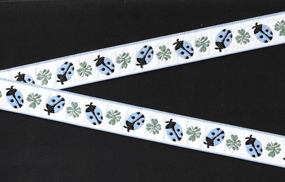 INSECTS E-01-E Jacquard Ribbon Polyester Trim 7/8" wide (22mm) White Background w/Baby Blue & Black Ladybugs, Large Gray Leaves