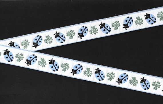 INSECTS E-01-E Jacquard Ribbon Polyester Trim 7/8" Wide (22mm) White w/Baby Blue & Black Ladybugs and Large Gray Leaves