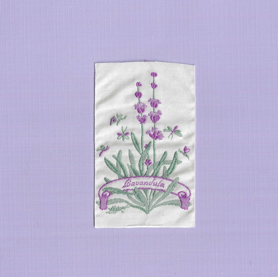 KAFKA L-04/02 Jacquard Ribbon Woven Organic Cotton Trim 2-3/8" wide (60mm) RARE Ivory w/Purple "Lavender" Flowers & Script, Sold Per Motif