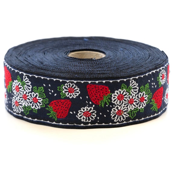 KAFKA G-07a/07 Jacquard Ribbon Woven Organic Cotton Trim 1-1/4" wide (32mm) Navy Blue w/Red Strawberries & White Blossoms, Green Leaves