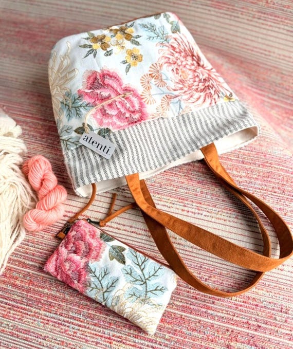 ATENTI "PRIMROSE" Embroidered Floral Tapestry Project Tote Bag, Handmade USA