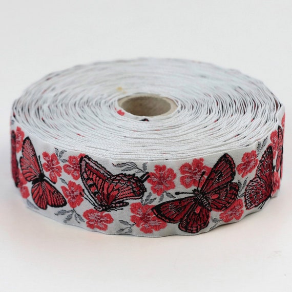 KAFKA G-22/07 Jacquard Ribbon Woven Organic Cotton Trim 1-1/4" wide (32mm) Lt Gray with Black & Red Butterflies, Red Blossoms