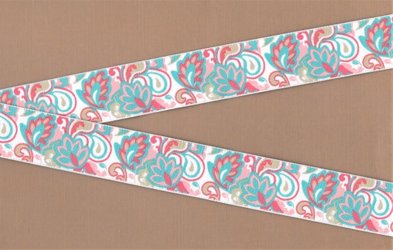 FLORAL G-119-A Jacquard Ribbon Poly Trim 1-1/8" wide (28mm) Douglas Paquette, Cream w/Peach & Teal in a Floral/Paisley Design, Per Yard