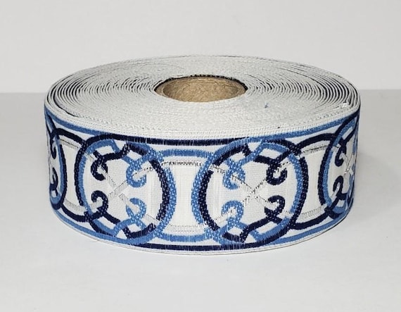 KAFKA G-11/01 Jacquard Ribbon Woven Organic Cotton Trim 1-1/4" wide (32mm) White w/Blue & Navy Celtic Circles, Silver Accents