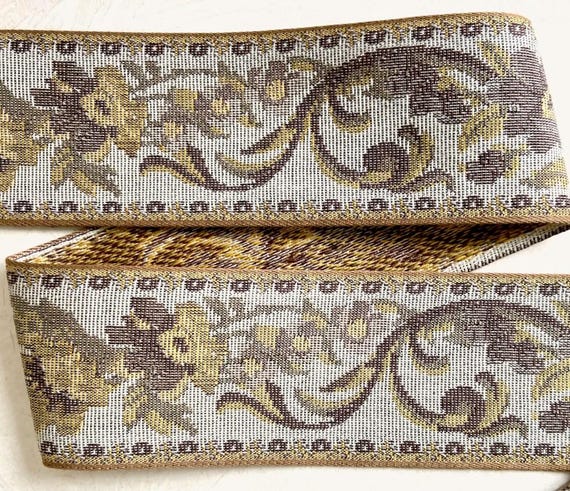 FLORAL TAPESTRY M-09-P Jacquard Ribbon Cotton Trim 2-5/8" wide (67mm) VINTAGE Lt Taupe  Background w/Brown, Beige & Yellow Flowers