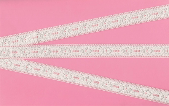FLORAL C-49-A Jacquard Ribbon Poly Trim 5/8" wide (16mm) White Embossed Background w/Pale Pink Border & Accents, White Flowers