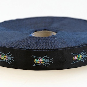 KAFKA D-01/03 Jacquard Ribbon Satin/Lurex Trim 3/4&quot; wide (20mm) Dark Navy with Sky Blue & Metallic Iridescent Beetles, Choose length