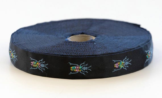 KAFKA D-01/03 Jacquard Ribbon Satin/Lurex Trim 3/4" wide (20mm) Dark Navy with Sky Blue & Metallic Iridescent Beetles, Choose length