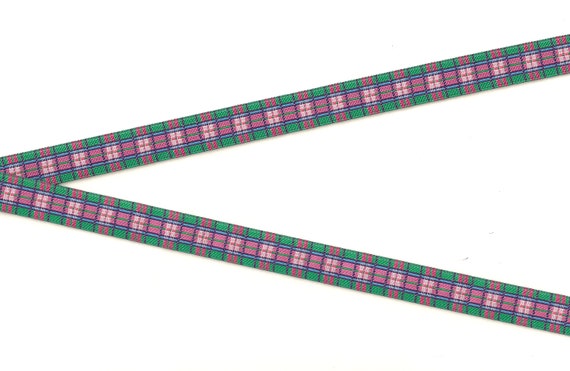 PLAIDS B-01-A Jacquard Ribbon Polyester Trim, 1/2" Wide (13mm) Douglas Paquette "Tartan Pink" w/Green & Purple Accents