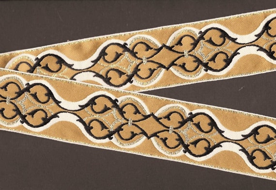 METALLIC H-09-A Jacquard Ribbon Poly Trim, 1-1/2" Wide (38mm) Camel Background w/Ivory & Black Scrolls, Metallic Gold Accents