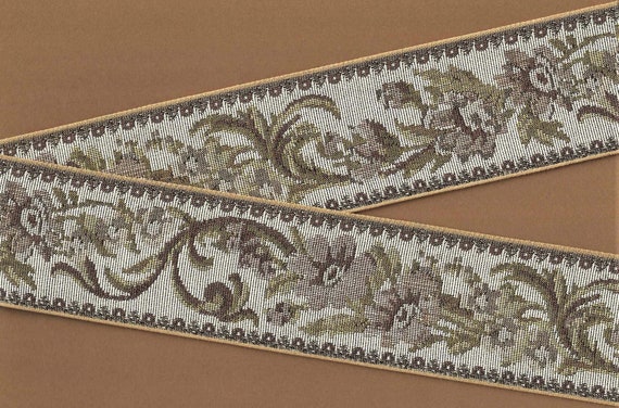 FLORAL TAPESTRY N-01-Q Jacquard Ribbon Cotton Trim 2-5/8" Wide (67mm) VINTAGE, Beige, Brown, Olive & Gray, Copper Metallic Accents