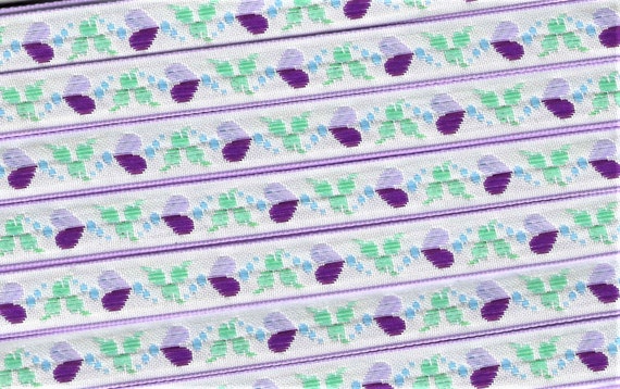 HEARTS/FLOWERS B-12-A Jacquard Ribbon Poly Trim, 1/2" Wide (13mm) White Background, Lilac/Purple Hearts, Blue & Green Accents