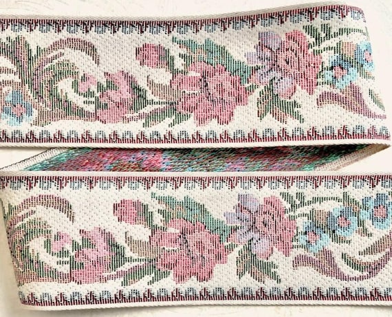FLORAL TAPESTRY M-09-M Jacquard Ribbon Cotton Trim 2-5/8" wide (67mm) VINTAGE Cream Background w/Aqua, Pink, Plum Flowers, Green Leaves