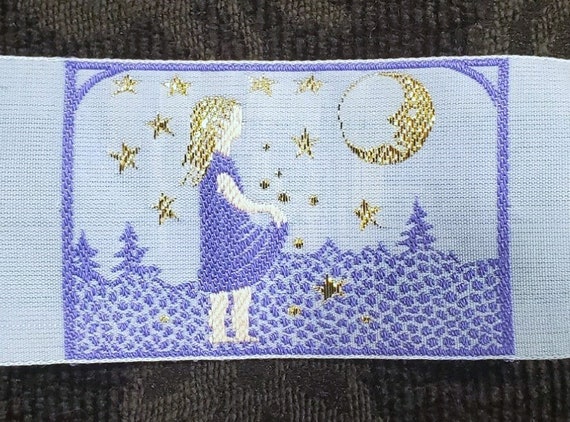 KAFKA H-09/05 Jacquard Ribbon Woven Organic Cotton Trim 1-5/8" wide (42mm) "Stargazer" Little Girl w/Apron, Blue w/Gold Stars Moon