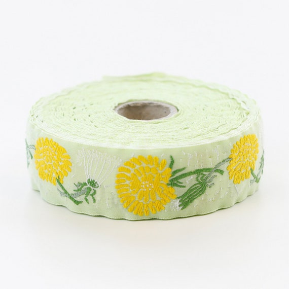 KAFKA F-03/01 Jacquard Ribbon Woven Organic Cotton Trim 1" wide (25mm) Pale Green w/Yellow & White Dandelions, Green Leaves