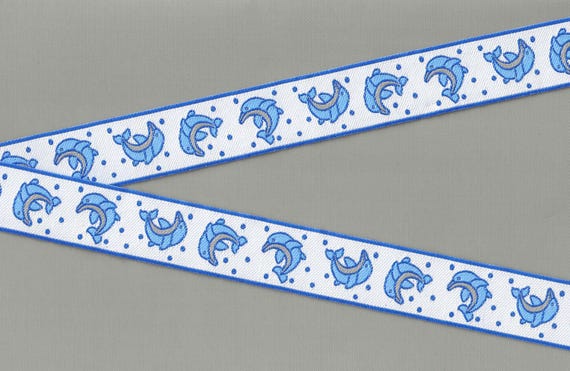 CHILDREN's E-25-A Jacquard Ribbon Polyester Trim 15/16" wide (24mm) White Background w/Blue & Gray Dolphins, Blue Polka Dot Accents