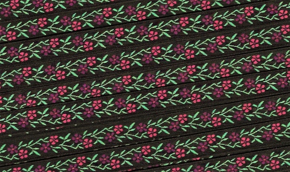 FLORAL A-26-A Jacquard Ribbon Poly Trim 7/16" wide, Victorian Black Background w/Sweet Petite Pink & Purple Flowers, Green Leaves