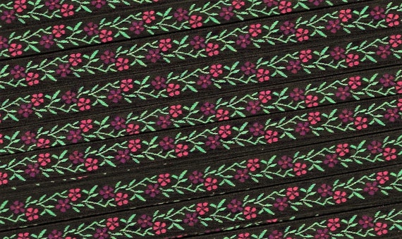 FLORAL A-26-A Jacquard Ribbon Poly Trim 7/16" wide, Victorian Black Background w/Sweet Petite Pink & Purple Flowers, Green Leaves