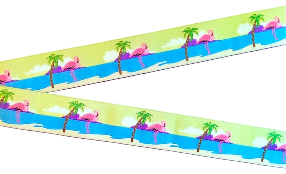 ANIMALS/Birds G-10-A Jacquard Ribbon Poly Trim 1-1/8" Wide (28mm) Pink Flamingos & Palm Trees