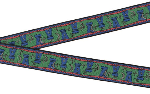 CHILDREN's Fairy Tales G-05-A Jacquard Ribbon Poly Trim 1-1/4" wide (32mm) Green w/Blue Castles, Metallic Gold Accents