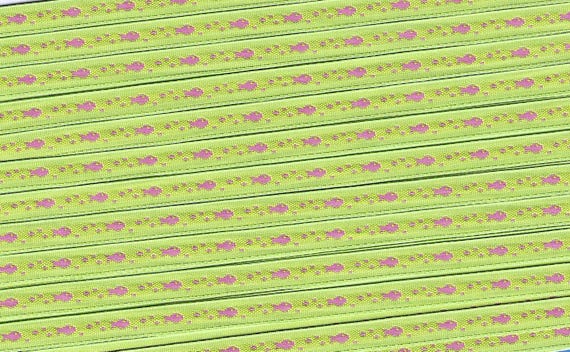 ANIMALS/Water A-01-F Jacquard Ribbon Poly Trim 1/4" wide (6mm) VINTAGE & RARE Lime Green w/Pink Fish