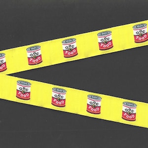 NOVELTY/Dogs E-05-A Jacquard Ribbon Polyester Trim 7/8" wide (22mm) Yellow Background w/Black, Red & White Cans of DOG FOOD