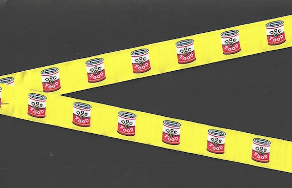 NOVELTY/Dogs E-05-A Jacquard Ribbon Polyester Trim 7/8" wide (22mm) Yellow Background w/Black, Red & White Cans of DOG FOOD