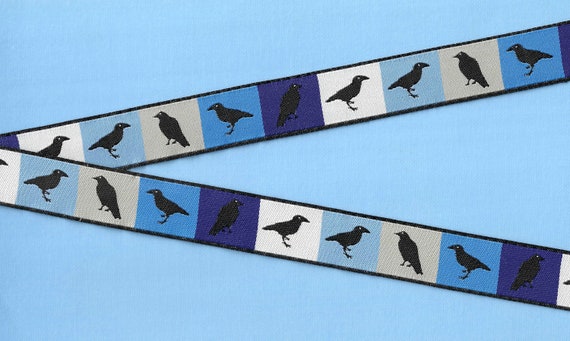 RDS E-21-D Jacquard Ribbon Poly Trim 7/8" Wide (22mm) NEW 2023! "Winter Ravens" Blocks in Shades of Blues/Beige & White, Per Yard
