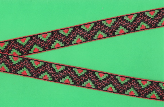 HOLIDAY F-01-A Jacquard Ribbon Cotton Trim 1" Wide (25mm) VINTAGE Red Borders, Red "Cross Stitch" Zigzag Design on Black, Per Yard