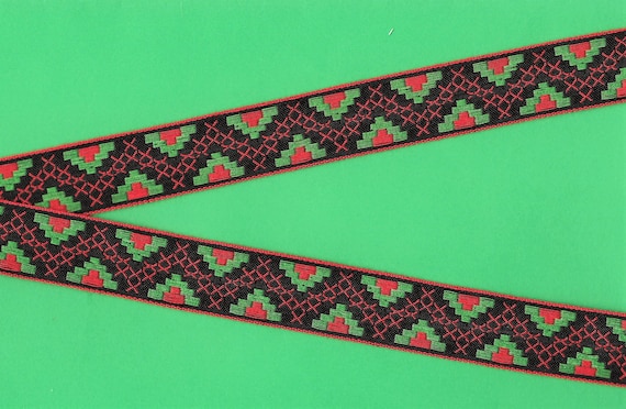 HOLIDAY F-01-A Jacquard Ribbon Cotton Trim 1" Wide (25mm) VINTAGE Red Borders, Red "Cross Stitch" Zigzag Design on Black, Per Yard