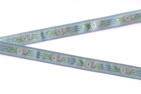 FLORAL D-01-E Jacquard Ribbon Rayon Trim 3/4" wide (20mm) VINTAGE Blue Striped Background, Variegated Pink Flowers, Olive Leaves