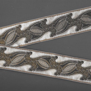 Cinta de Jacquard GEOMÉTRICA METÁLICA J-10-C con borde de rayón de 1-7/8" de ancho (48 mm) VINTAGE Hermoso gris claro Art Nouveau francés con detalles en oro antiguo