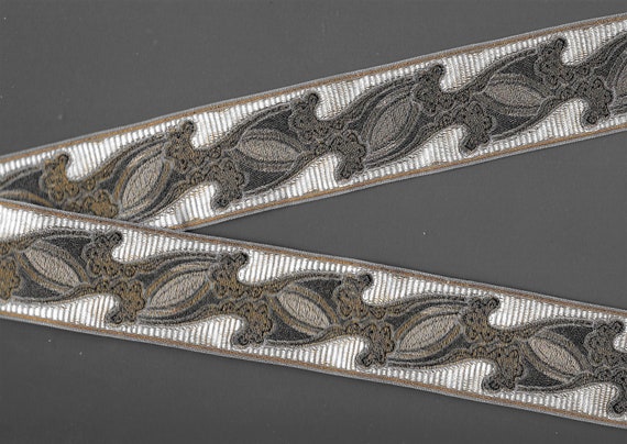 METALLIC GEOMETRIC J-10-C Jacquard Ribbon Rayon Trim 1-7/8" wide (48mm) VINTAGE Gorgeous French Art Nouveau Lt Gray w/Antique Gold Accents