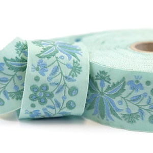 KAFKA G-19/07 Jacquard Ribbon Woven Organic Cotton Trim 1-1/4" wide (32mm) "Frida Blumenranke" Aqua w/Blue & Green Flowers