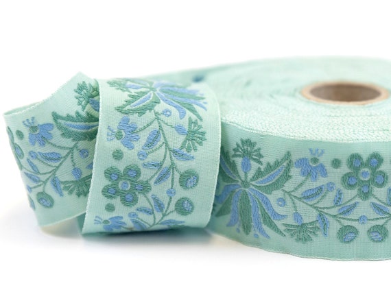 KAFKA G-19/07 Jacquard Ribbon Woven Organic Cotton Trim 1-1/4" wide (32mm) "Frida Blumenranke" Aqua w/Blue & Green Flowers