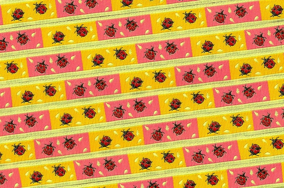 INSECTS B-08-A Jacquard Ribbon Poly Trim 1/2" wide (13mm) Neon Pink & Orange w/Red Ladybugs