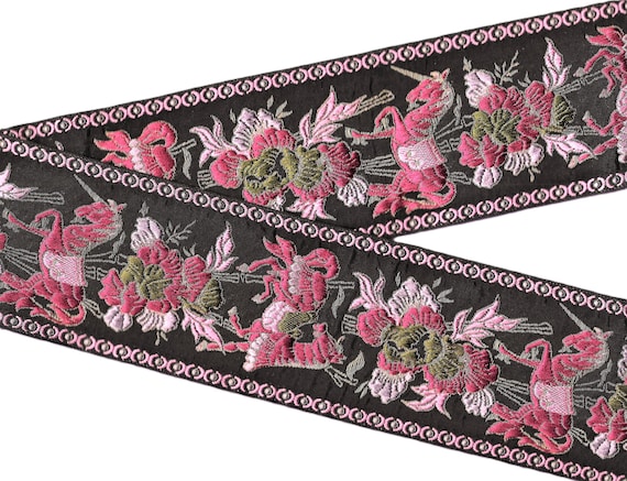 ANIMALS L-13-A Jacquard Ribbon Rayon Trapunto Trim 3-1/8" wide (78mm) VINTAGE Horses Unicorns Flowers in Pink Purple Metallic Gold REMNANT