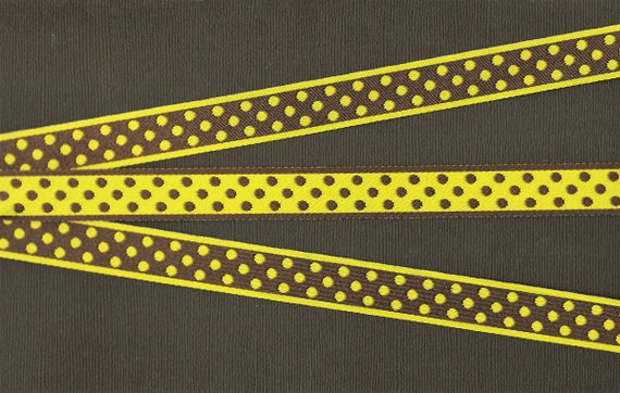 POLKA DOTS D-01-B Jacquard Ribbon Polyester Trim 11/16" wide, REVERSIBLE, Chocolate Brown & Yellow Background w/Polka Dots