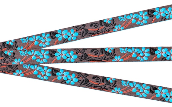 FLORAL C-29-A Jacquard Ribbon Poly Trim 11/16" wide (17mm) VINTAGE Brown w/Turquoise Flowers, Orange Accents