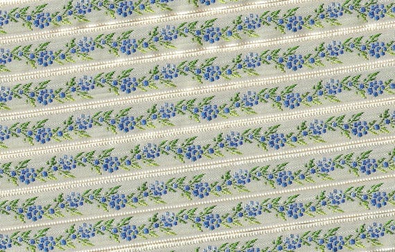 FLORAL B-42-B Jacquard Ribbon Poly Trim 1/2" wide (13mm) Ivory Background w/Variegated Blue Flowers, Variegated Green Vines & Leaves