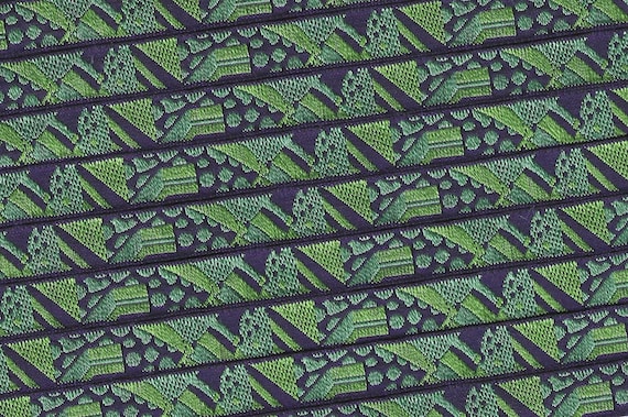 KAFKA A-13/06 Jacquard Ribbon Organic Cotton Woven Trim 3/8" wide (9mm) Abstract in Navy & Greens