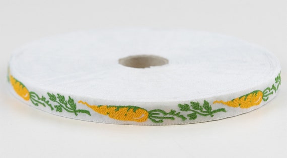 KAFKA A-05/01 Jacquard Ribbon Woven Organic Cotton Trim 7/16" wide (10mm) FREE BUTTON! White Background w/Carrots & Greenery