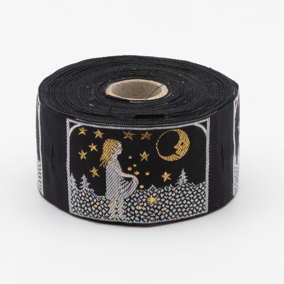 KAFKA H-09/07 Jacquard Ribbon Woven Organic Cotton Trim 1-5/8" wide (42mm) "Starcatcher" Girl w/Apron, Black w/Gold Metallic Stars & Moon