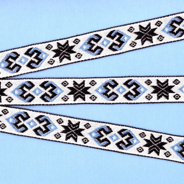 SNOWFLAKES D-19-E Jacquard Ribbon Cotton Trim 3/4" Wide (20mm) VINTAGE, European, Nordic, White w/Navy Snowflakes, Blue Accents, Per Yard